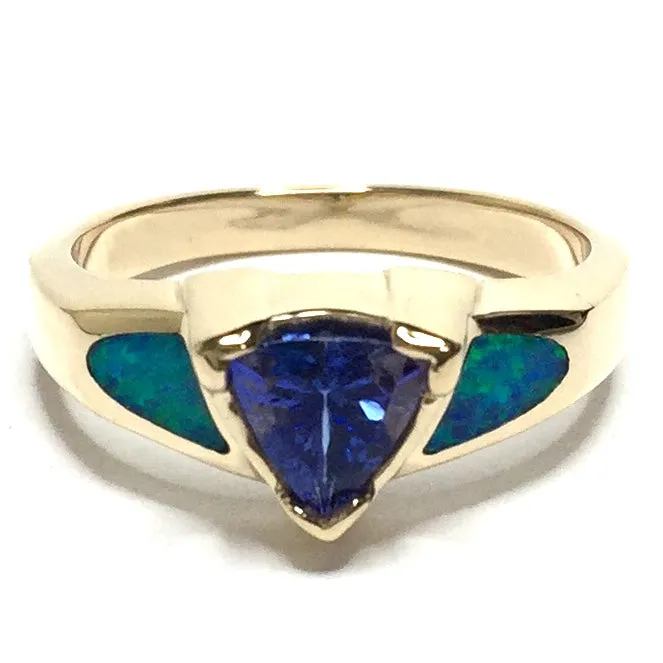 Opal Rings 2 Section Inlaid Design with Trillion Cut Tanzanite Center