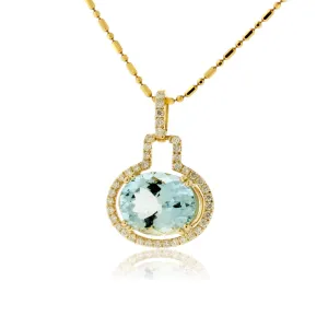 Oval Aquamarine on Side & Diamond Halo Pendant