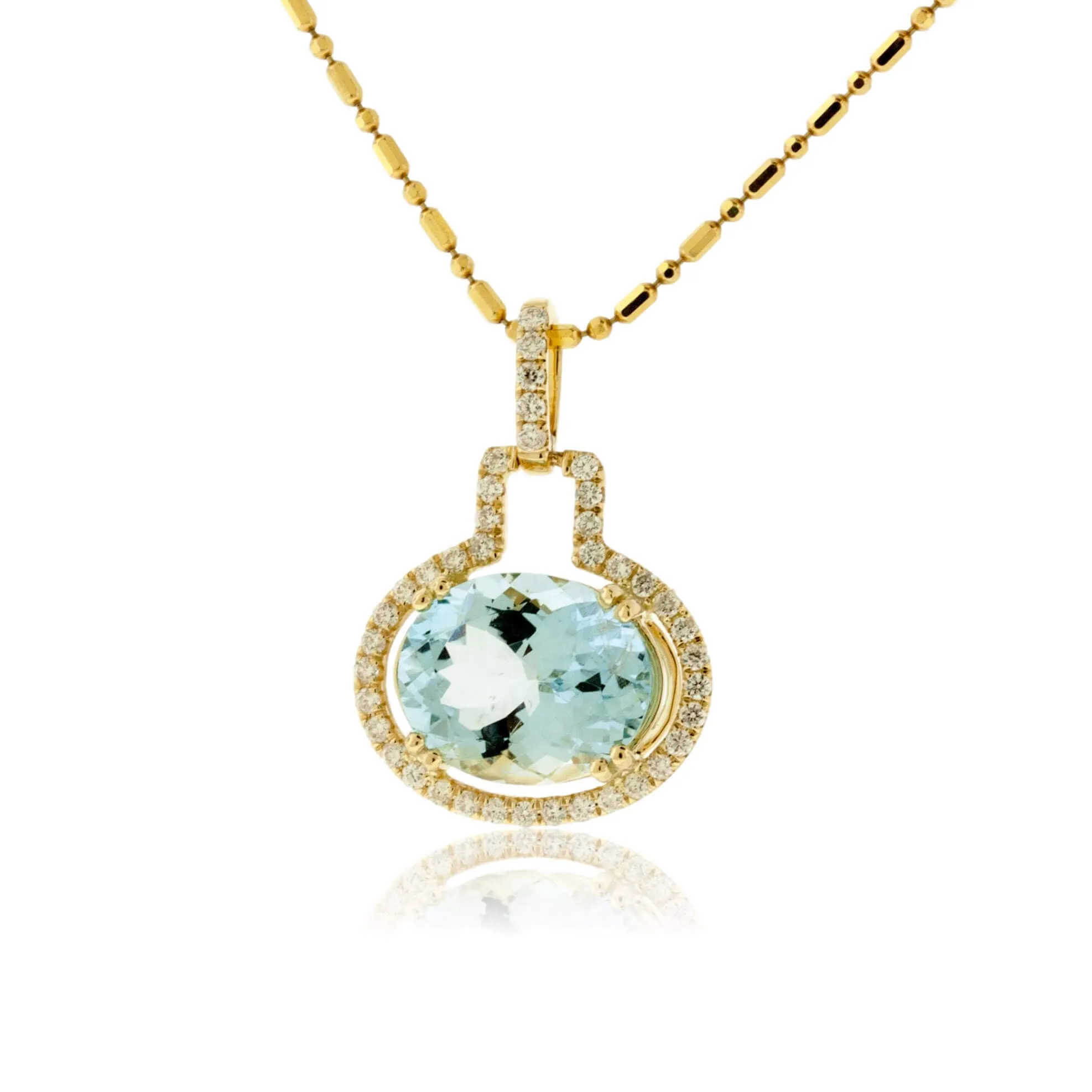 Oval Aquamarine on Side & Diamond Halo Pendant