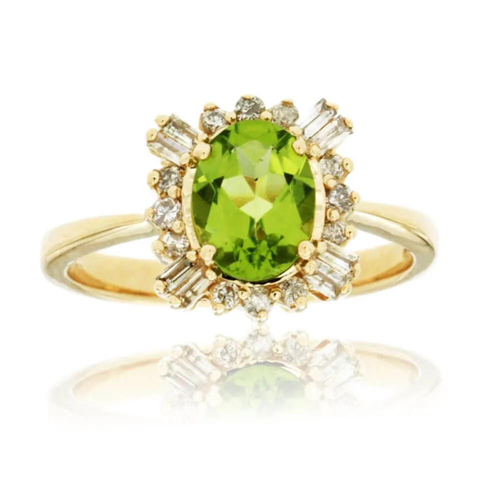 Oval Shaped Peridot and Diamond Halo Ring