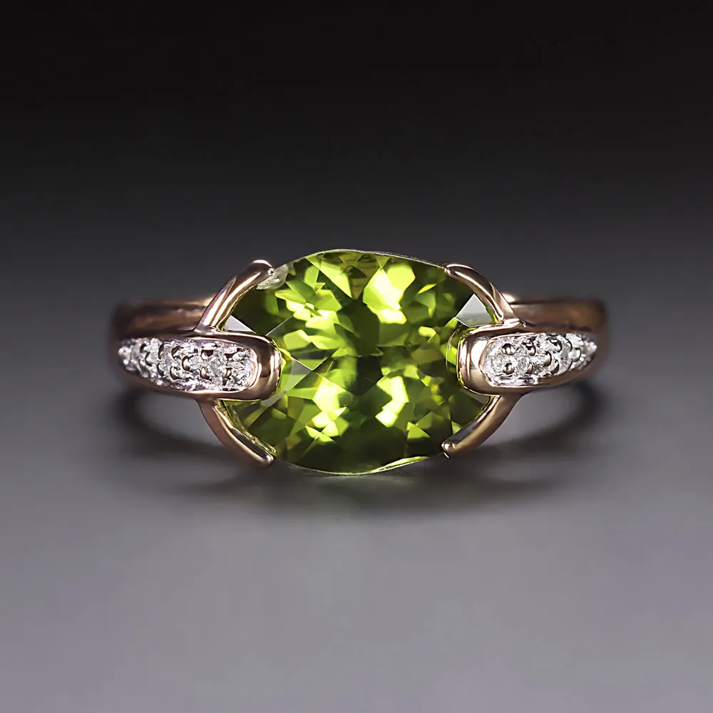 PERIDOT DIAMOND COCKTAIL RING OVAL EAST WEST BEZEL NATURAL GREEN 14k YELLOW GOLD