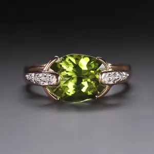 PERIDOT DIAMOND COCKTAIL RING OVAL EAST WEST BEZEL NATURAL GREEN 14k YELLOW GOLD