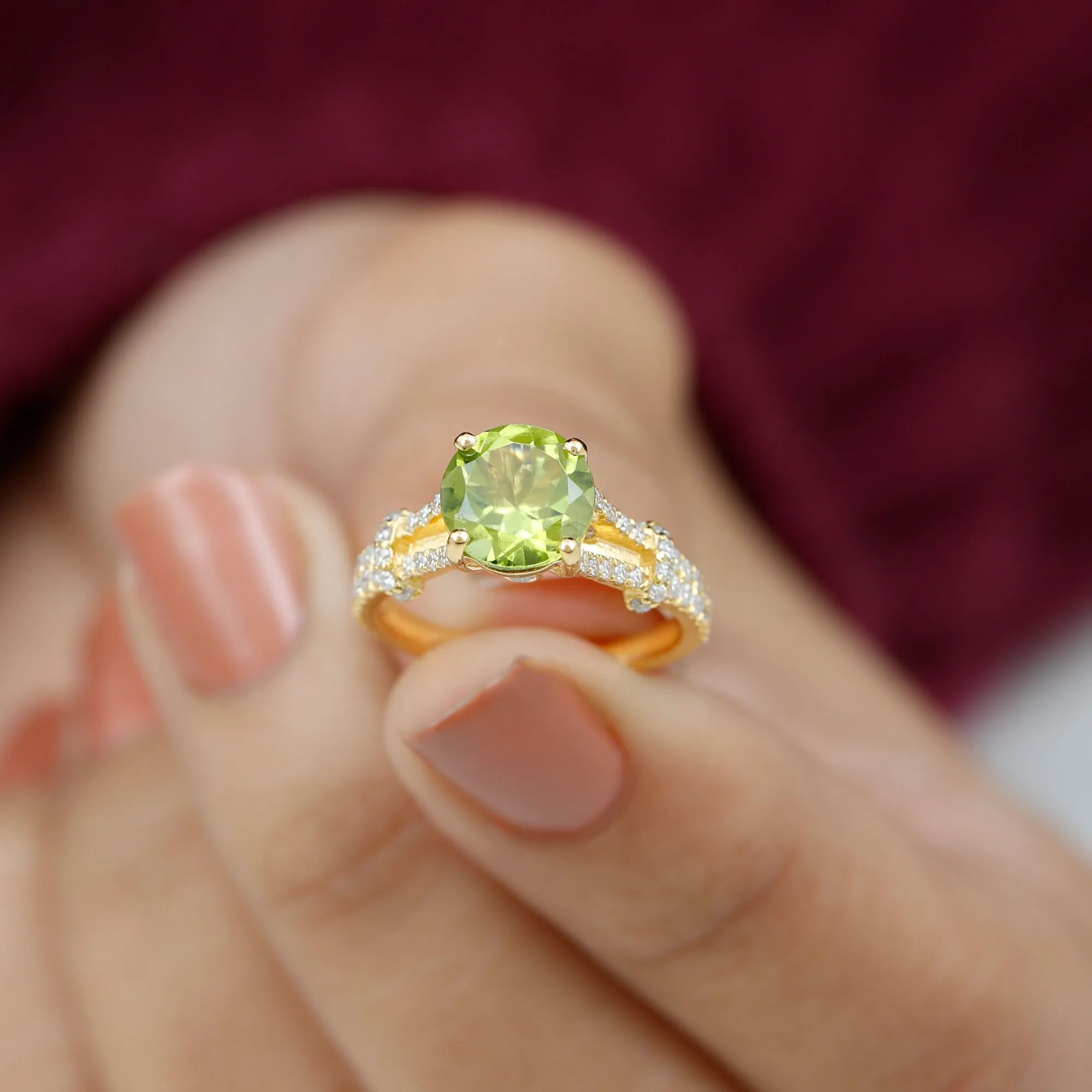 Peridot Solitaire Engagement Ring with Moissanite in Split Shank