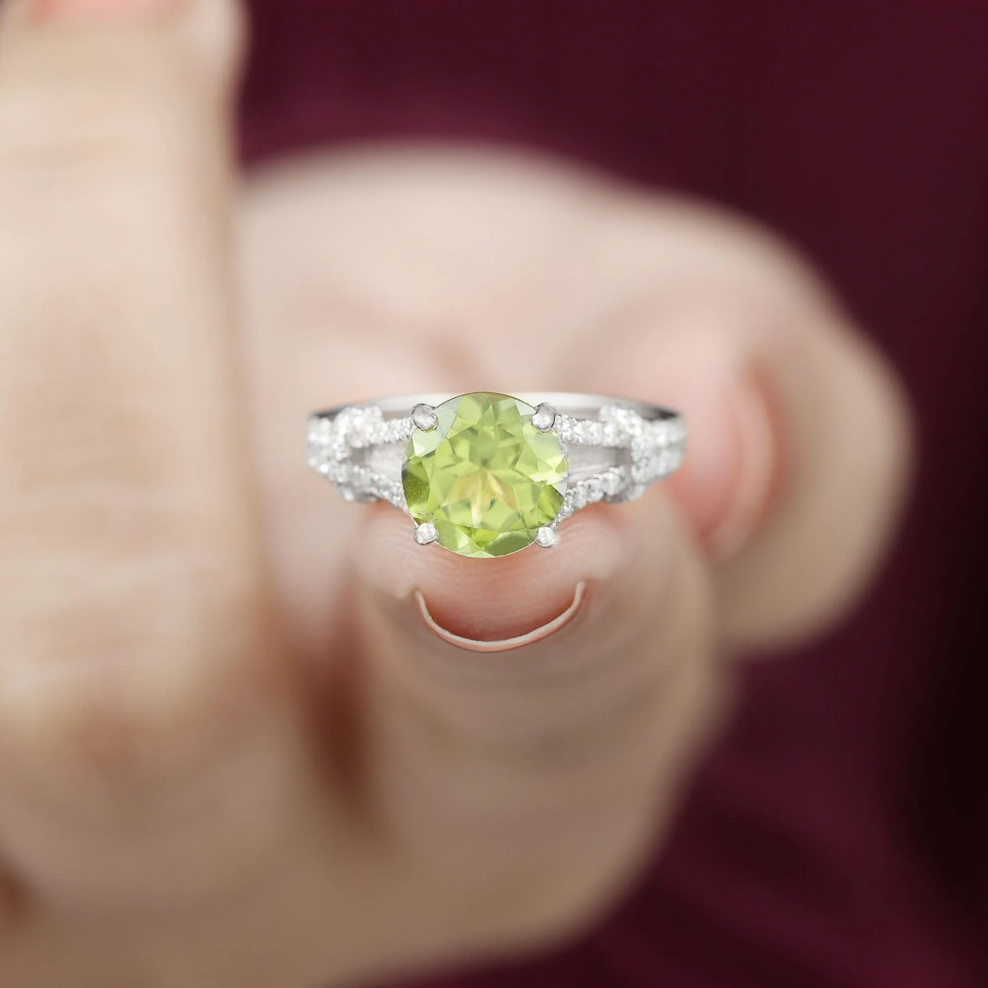 Peridot Solitaire Engagement Ring with Moissanite in Split Shank