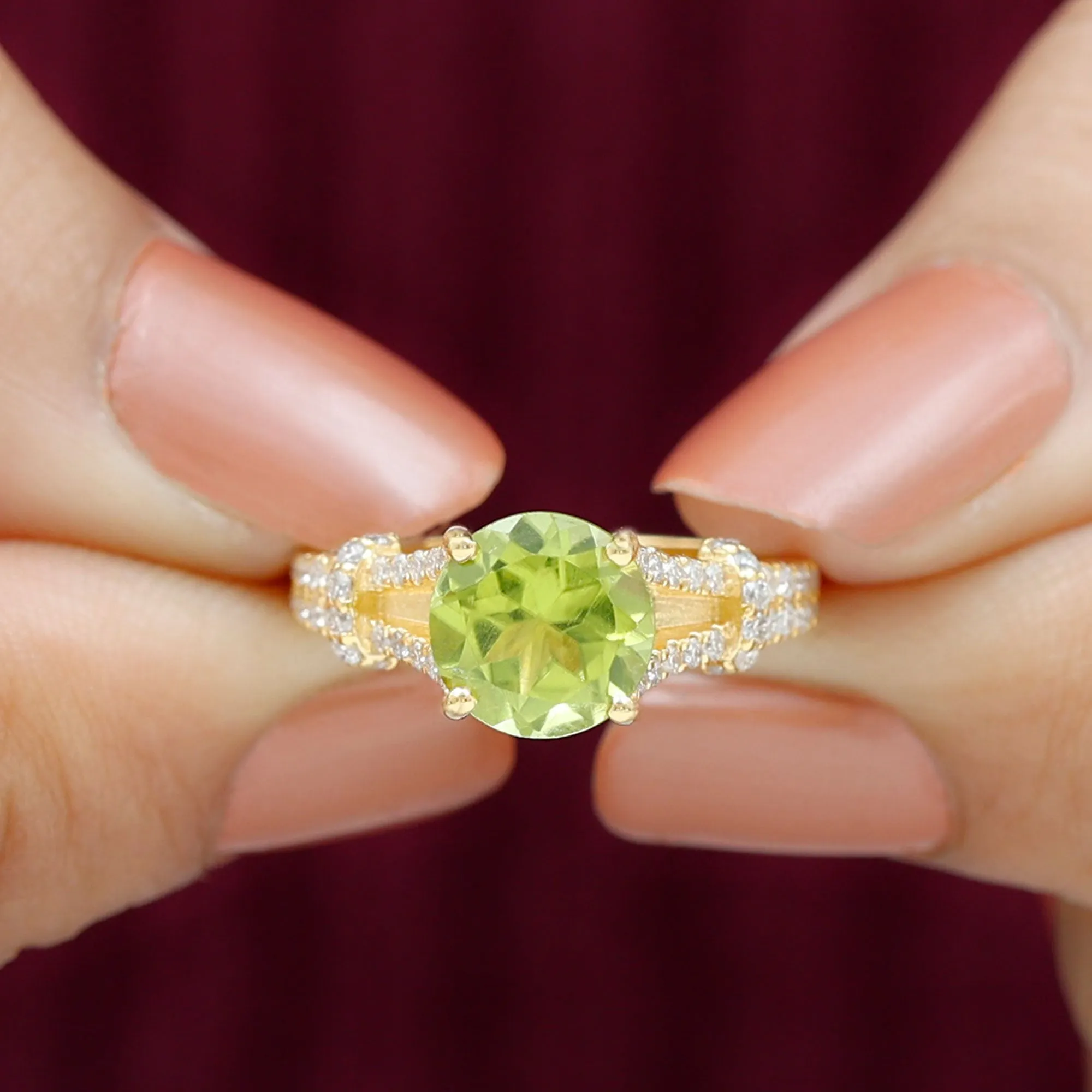 Peridot Solitaire Engagement Ring with Moissanite in Split Shank