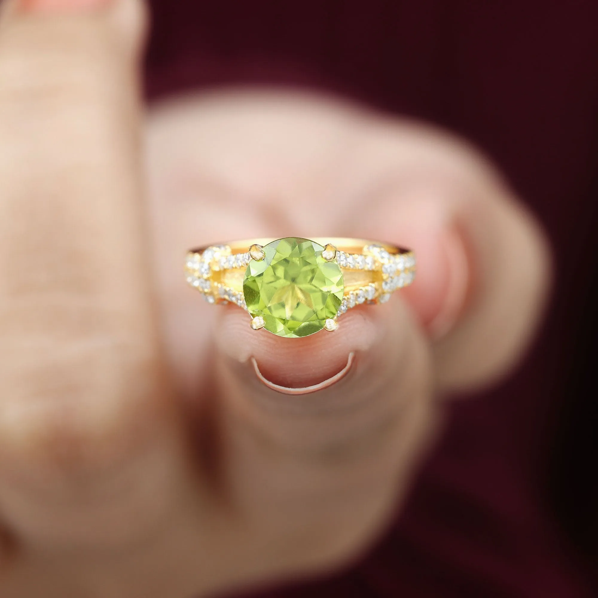Peridot Solitaire Engagement Ring with Moissanite in Split Shank