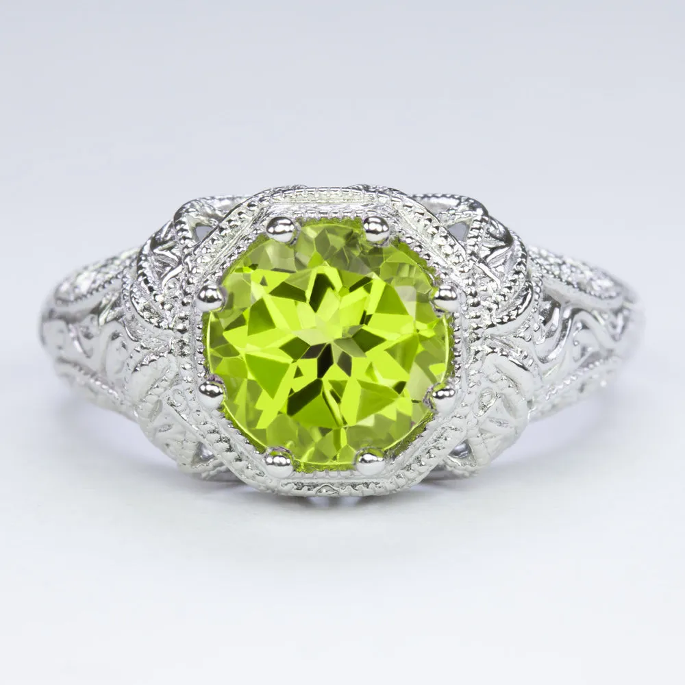 PERIDOT VINTAGE STYLE COCKTAIL RING STERLING SILVER FILIGREE DECO ROUND GREEN