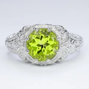 PERIDOT VINTAGE STYLE COCKTAIL RING STERLING SILVER FILIGREE DECO ROUND GREEN