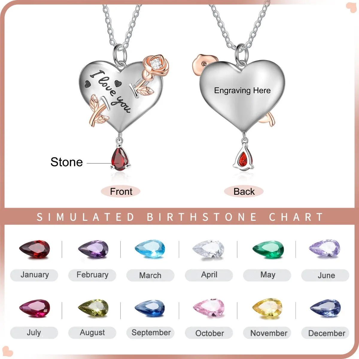 Personalized Rhodium Plated Heart Shape Rose Flower Pendant Necklace
