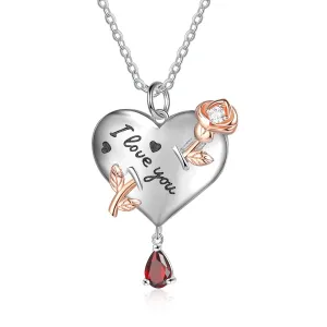 Personalized Rhodium Plated Heart Shape Rose Flower Pendant Necklace