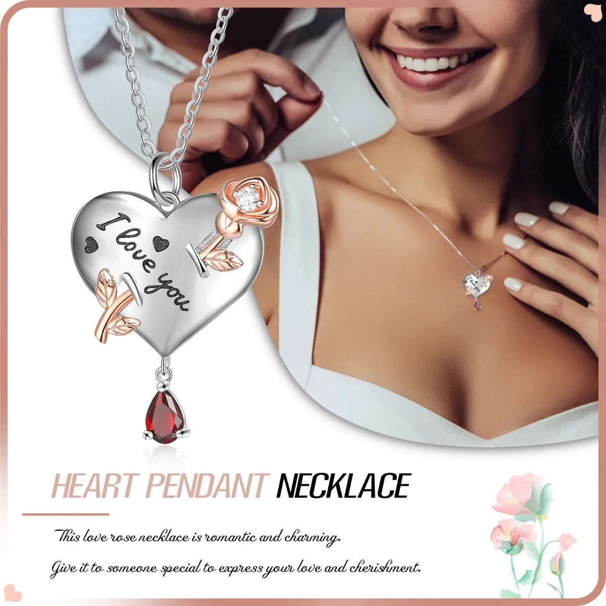 Personalized Rhodium Plated Heart Shape Rose Flower Pendant Necklace