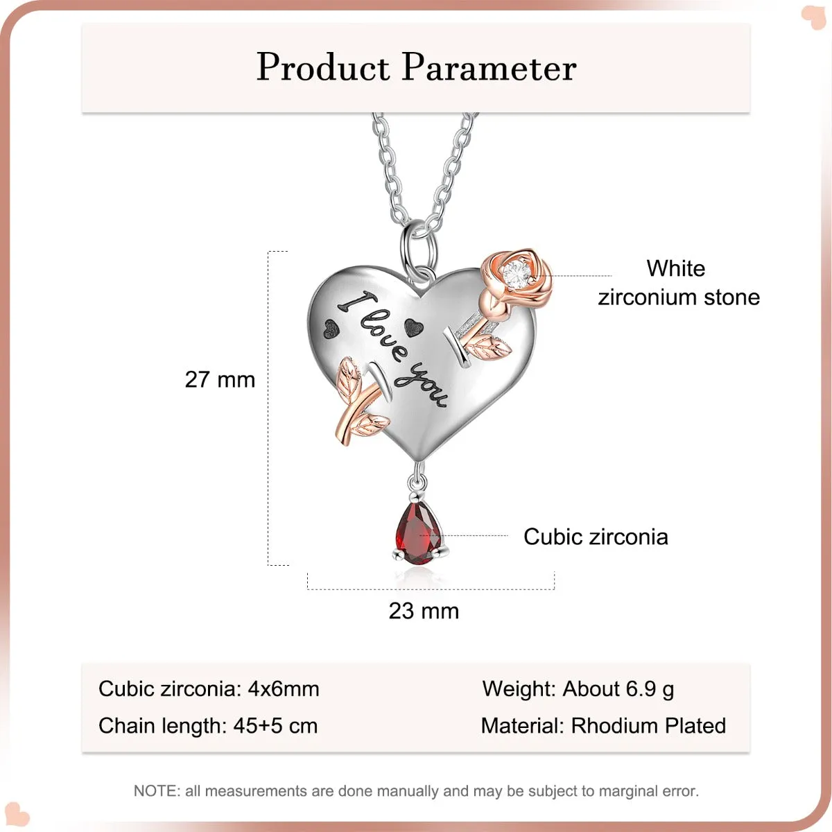 Personalized Rhodium Plated Heart Shape Rose Flower Pendant Necklace