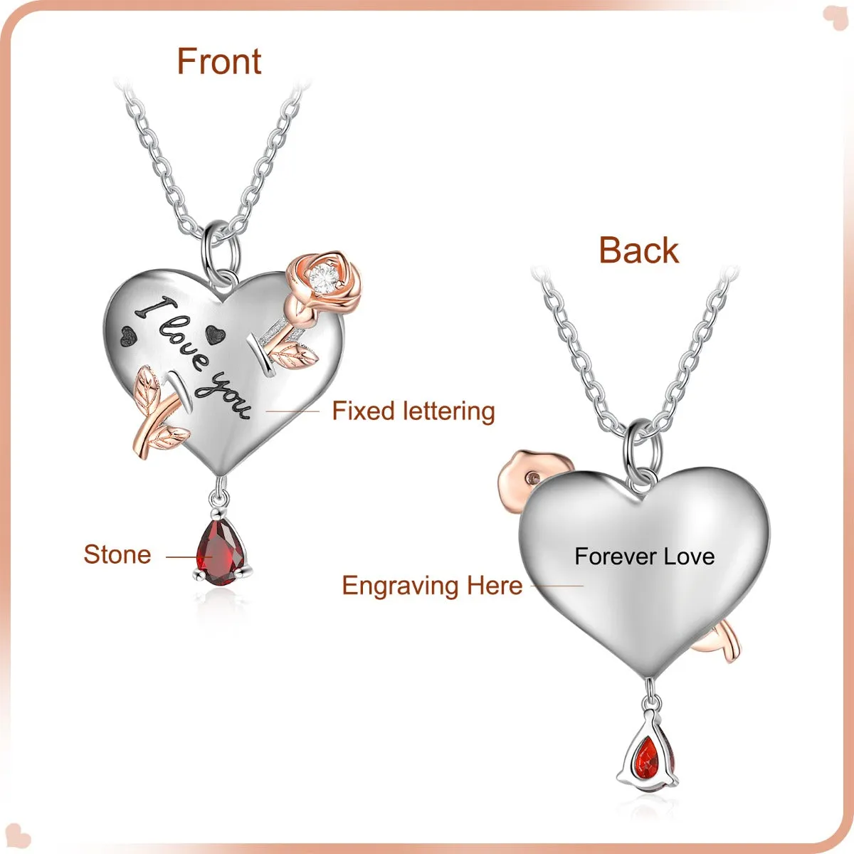 Personalized Rhodium Plated Heart Shape Rose Flower Pendant Necklace