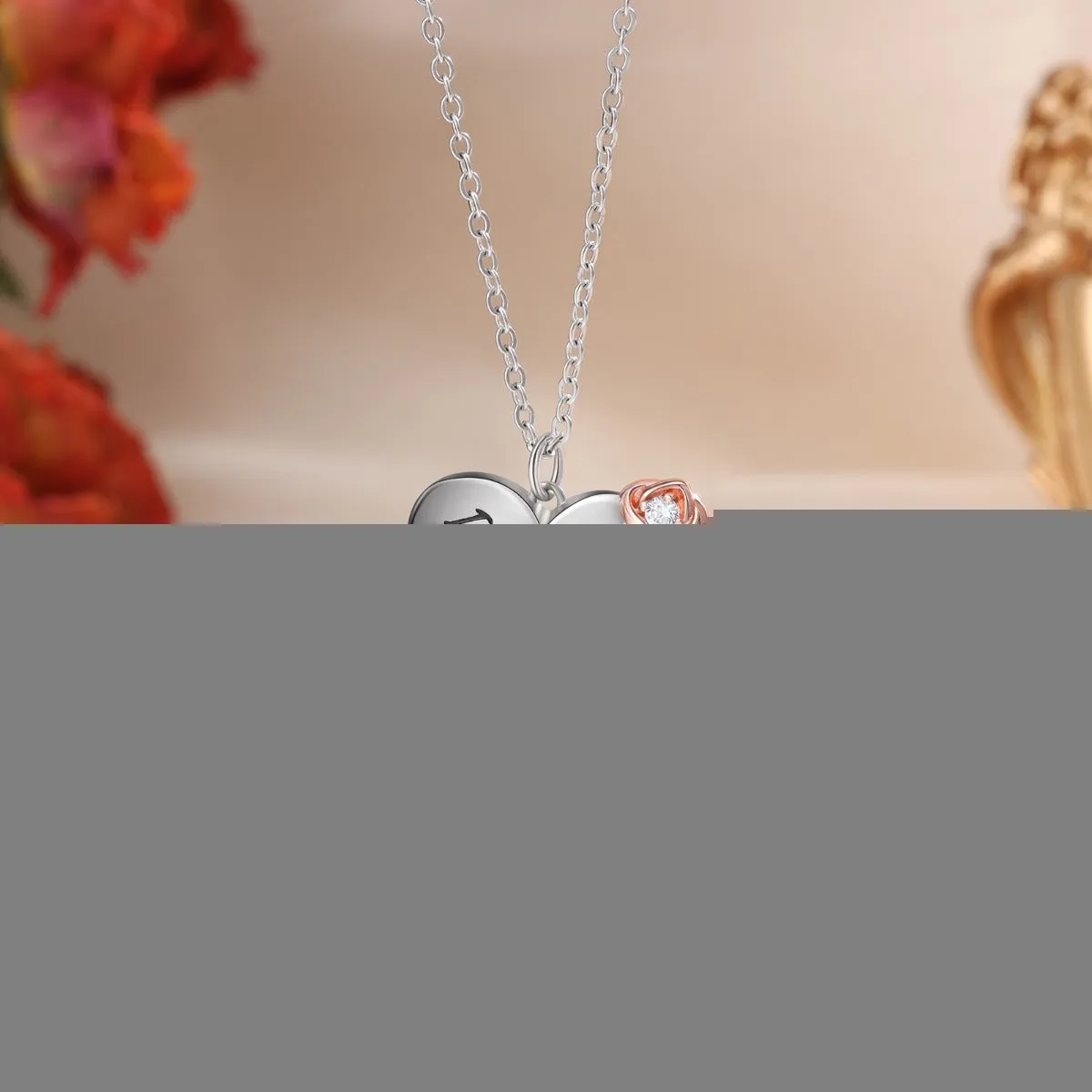 Personalized Rhodium Plated Heart Shape Rose Flower Pendant Necklace