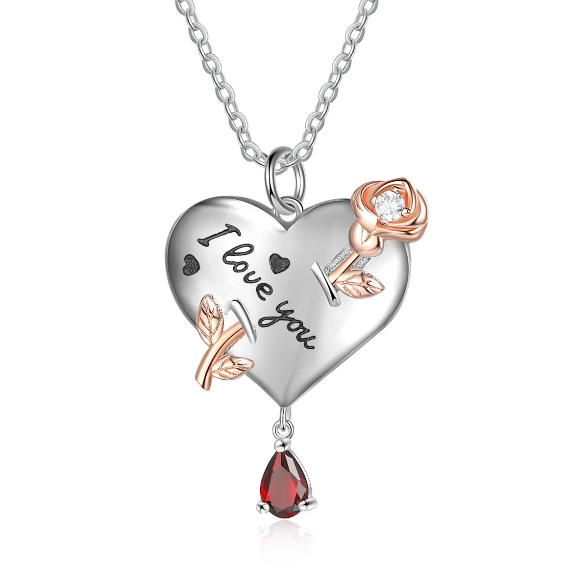 Personalized Rhodium Plated Heart Shape Rose Flower Pendant Necklace