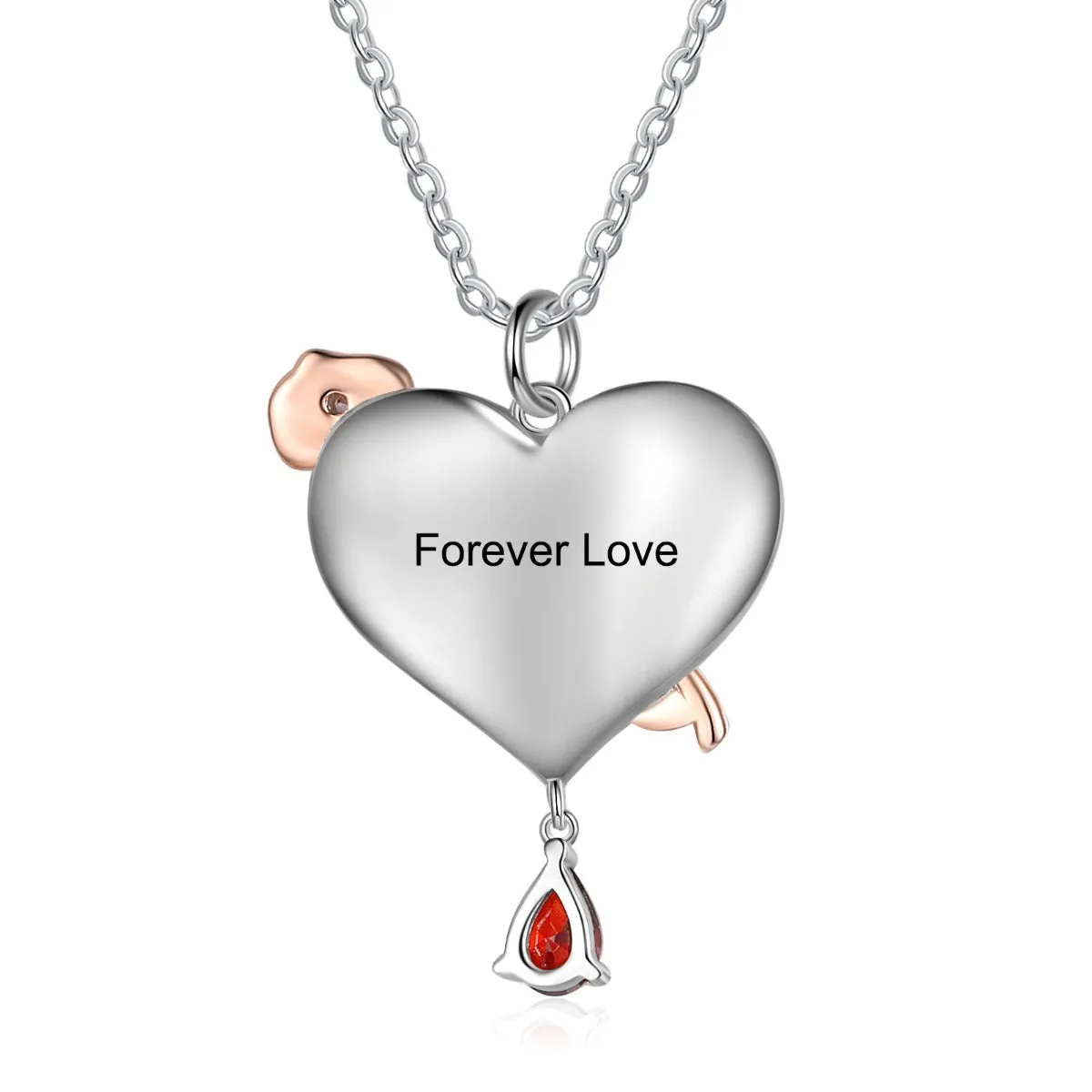 Personalized Rhodium Plated Heart Shape Rose Flower Pendant Necklace