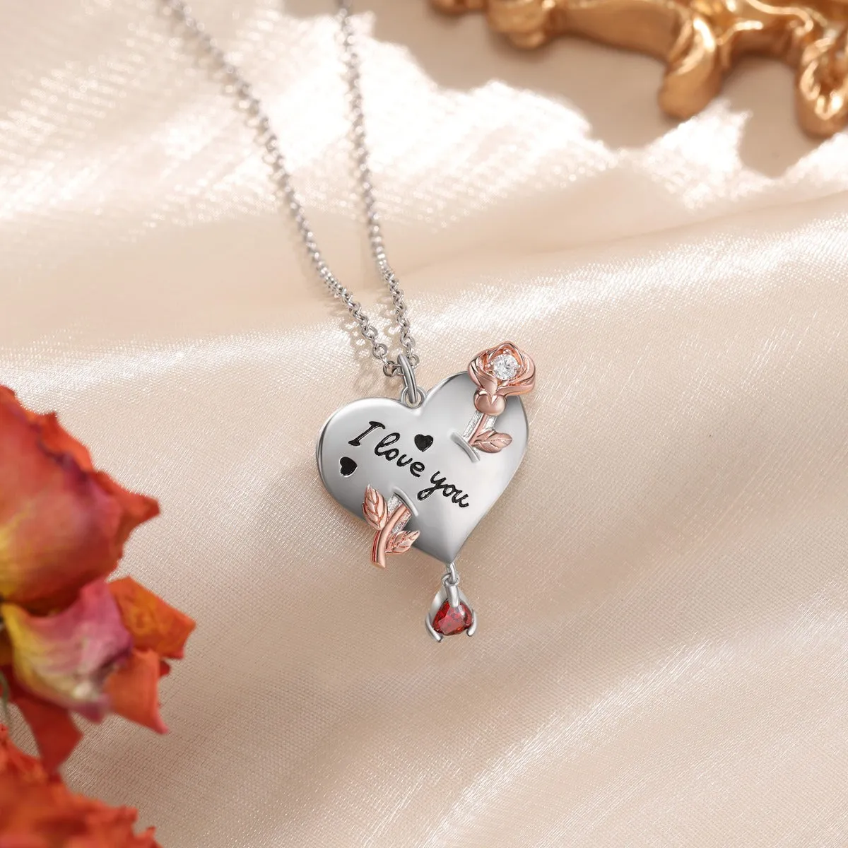 Personalized Rhodium Plated Heart Shape Rose Flower Pendant Necklace