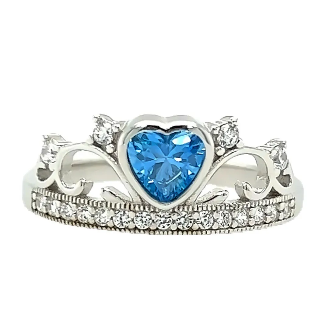 R716 Blue Heart Crown Ring