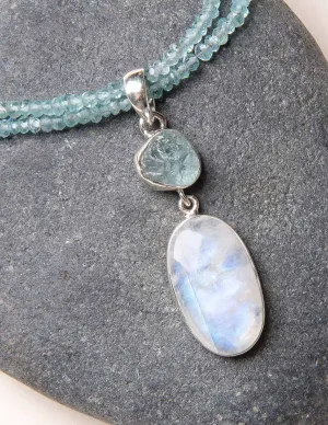 Rainbow Moonstone and Raw Aquamarine on Blue Apatite Bead Necklace - One of a Kind