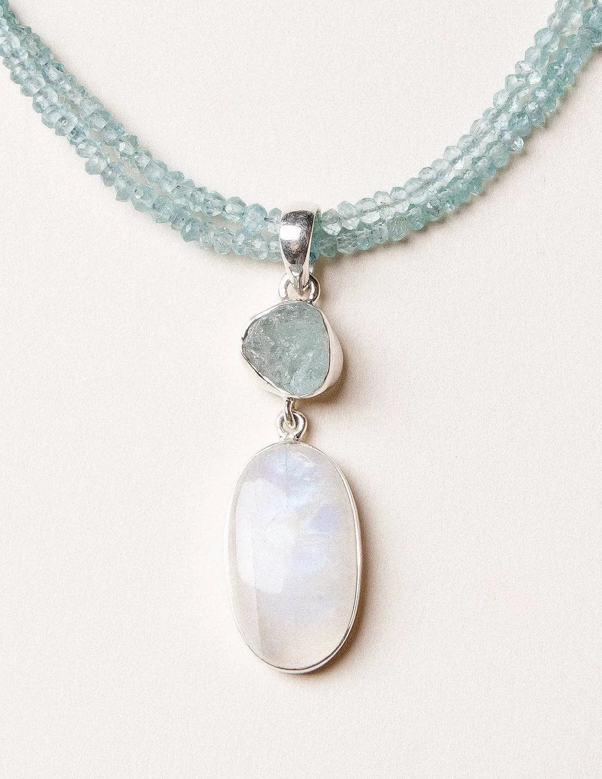 Rainbow Moonstone and Raw Aquamarine on Blue Apatite Bead Necklace - One of a Kind