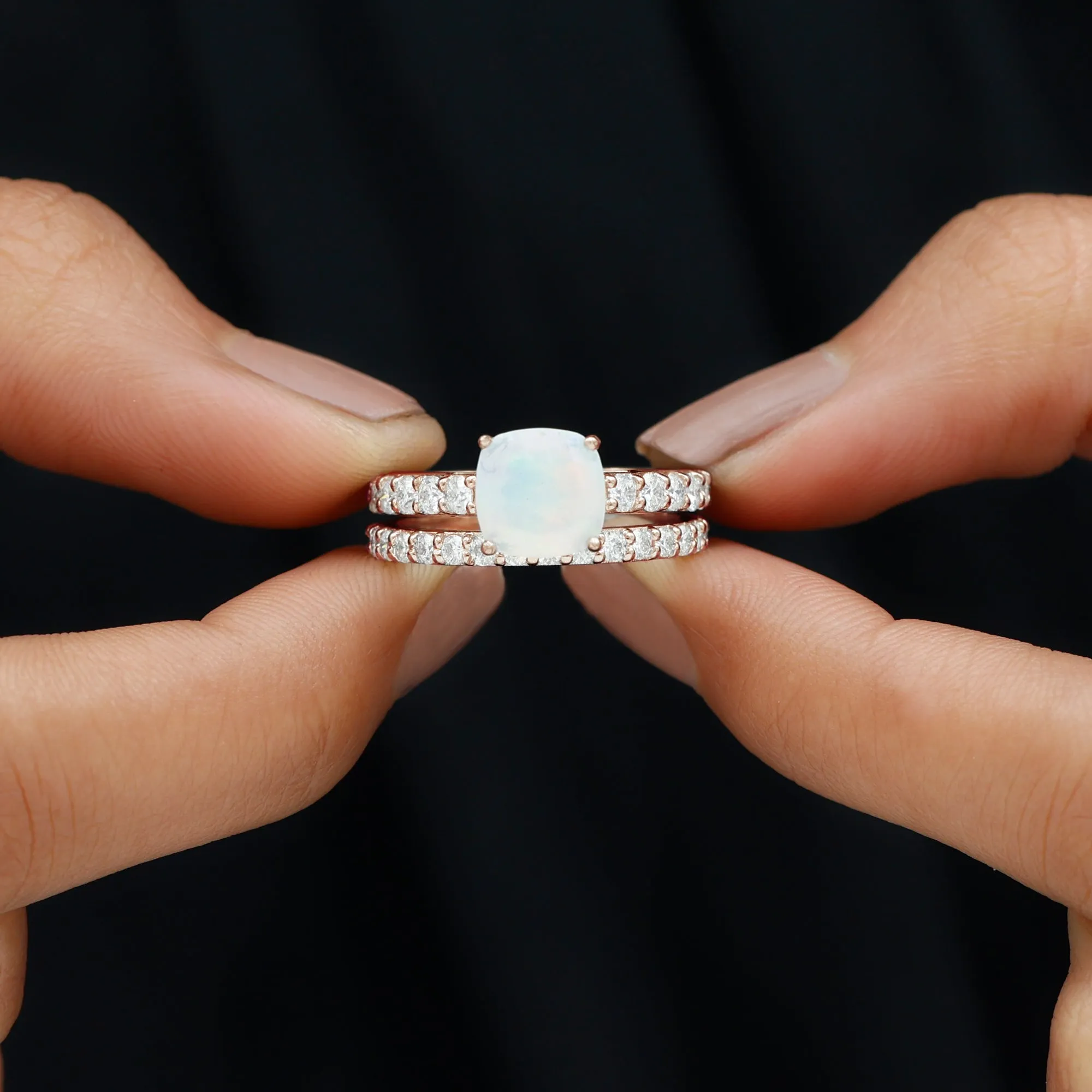 Real Ethiopian Opal and Moissanite Wedding Ring Set