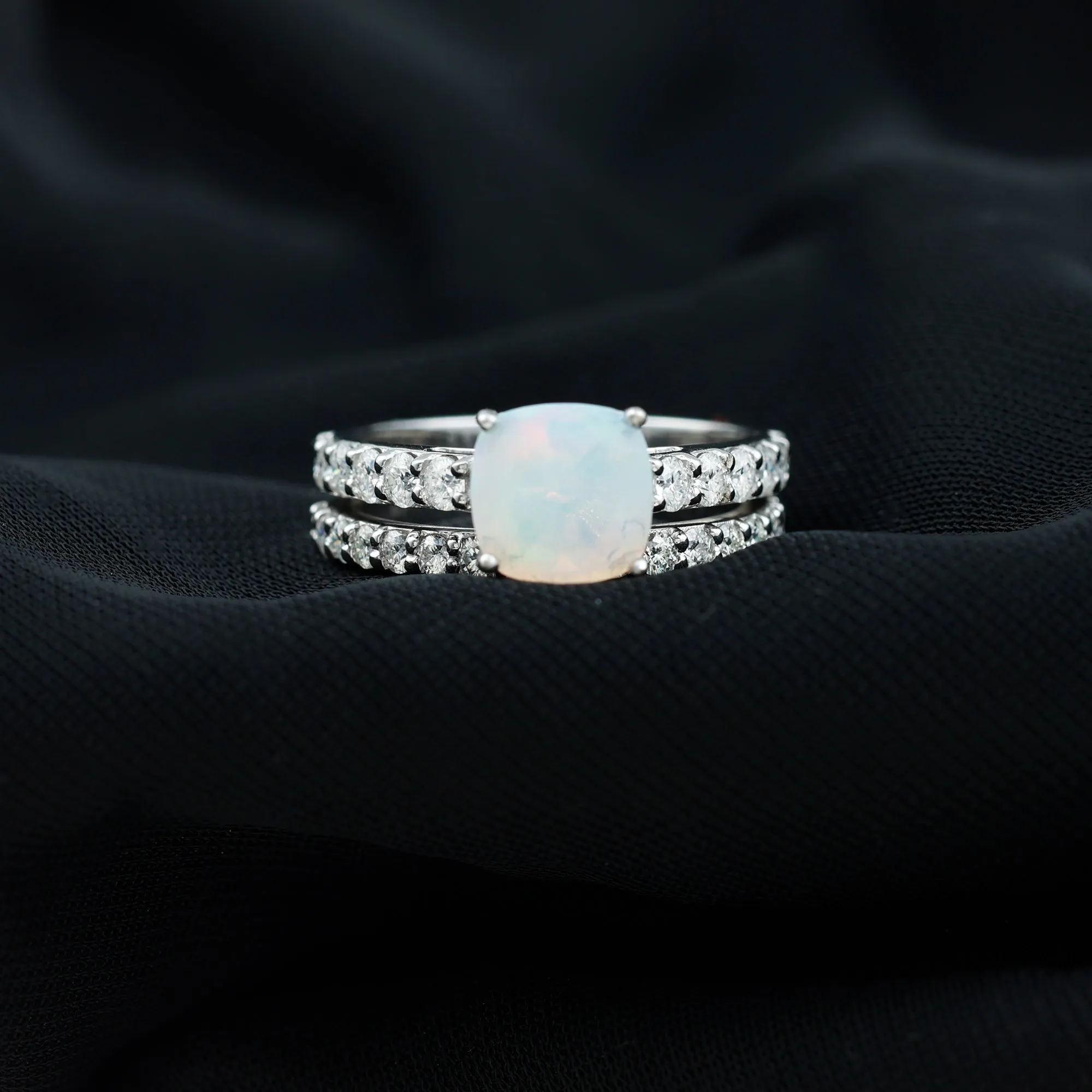 Real Ethiopian Opal and Moissanite Wedding Ring Set