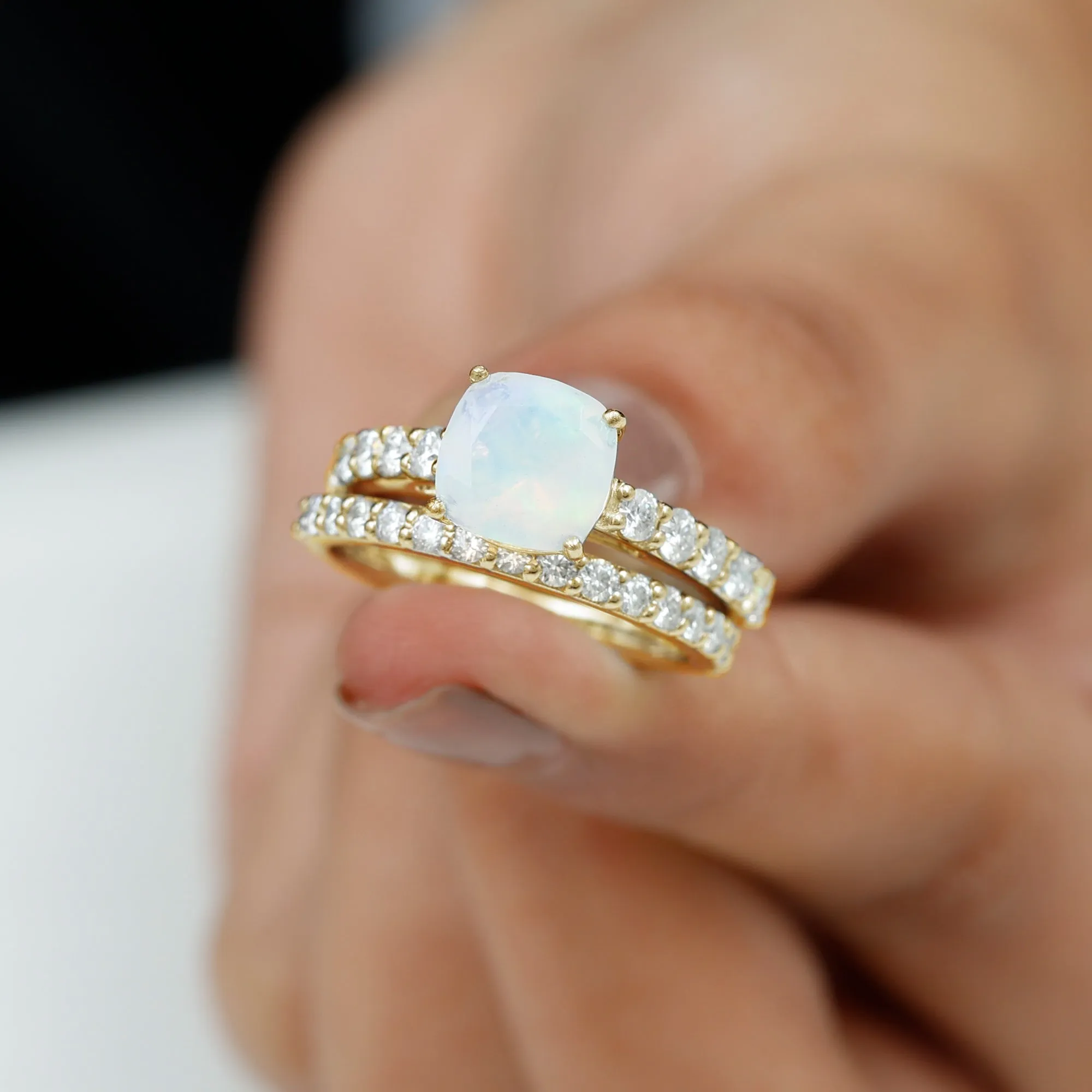 Real Ethiopian Opal and Moissanite Wedding Ring Set