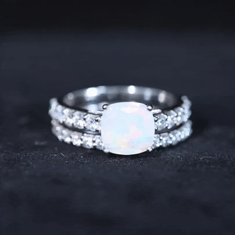 Real Ethiopian Opal and Moissanite Wedding Ring Set