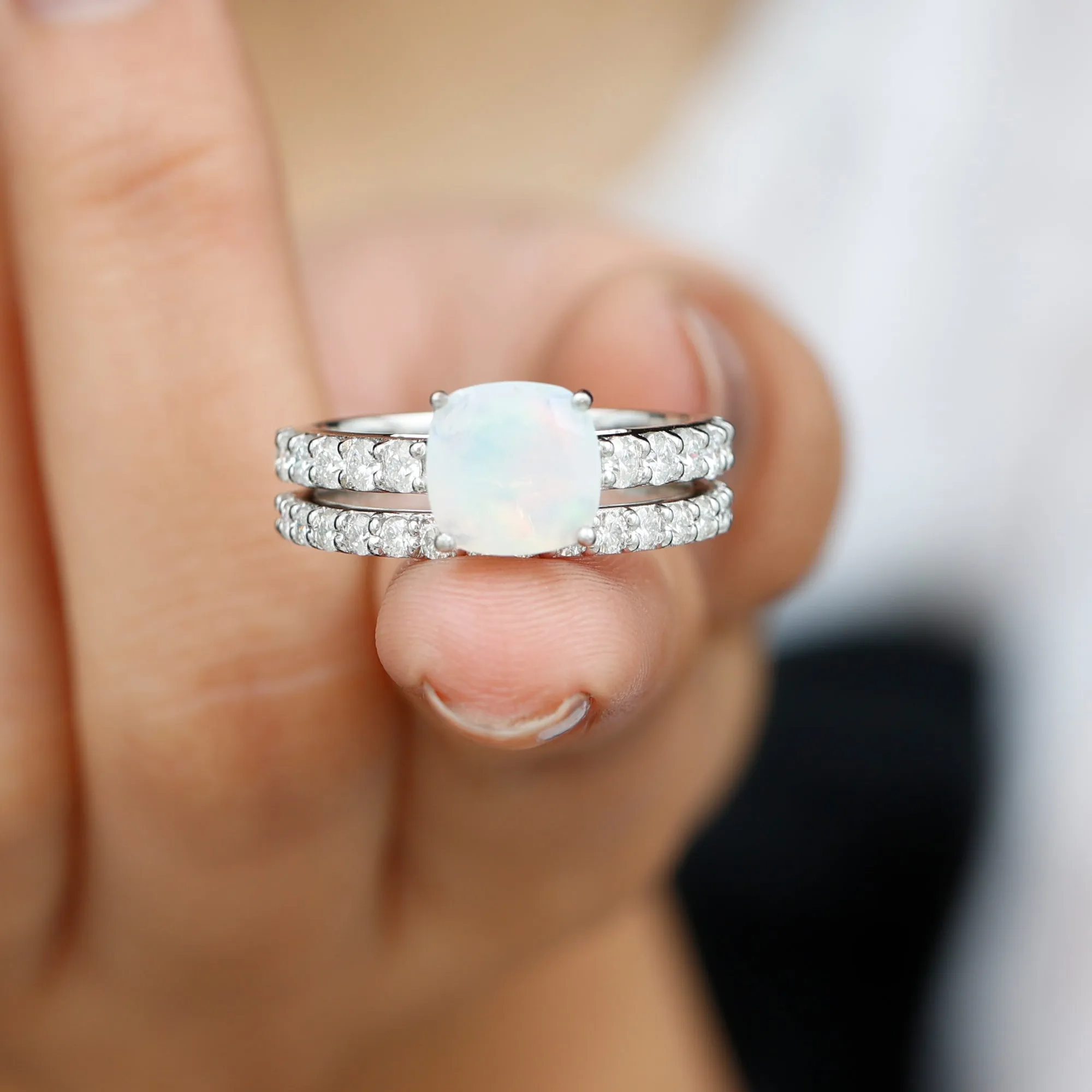 Real Ethiopian Opal and Moissanite Wedding Ring Set