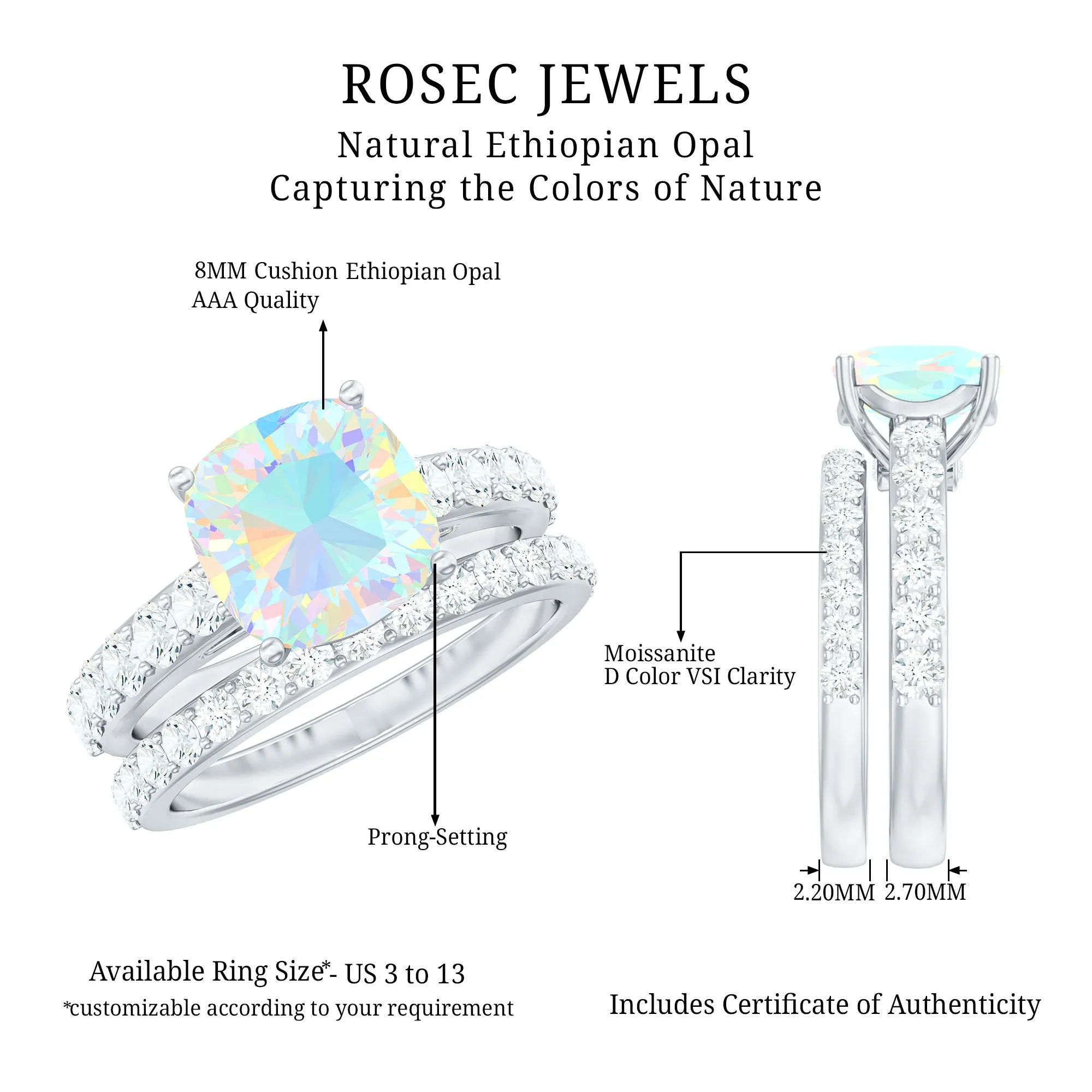 Real Ethiopian Opal and Moissanite Wedding Ring Set