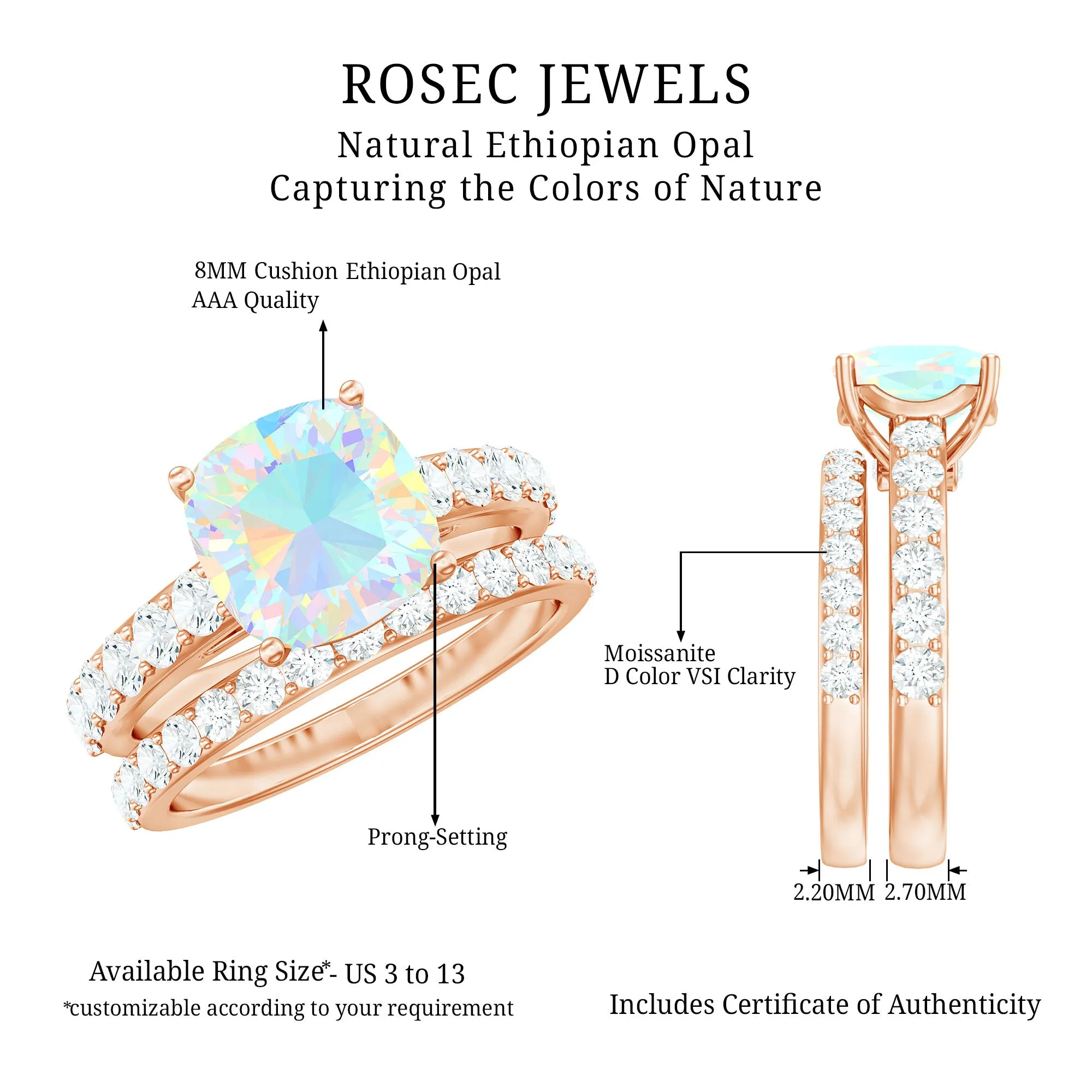 Real Ethiopian Opal and Moissanite Wedding Ring Set