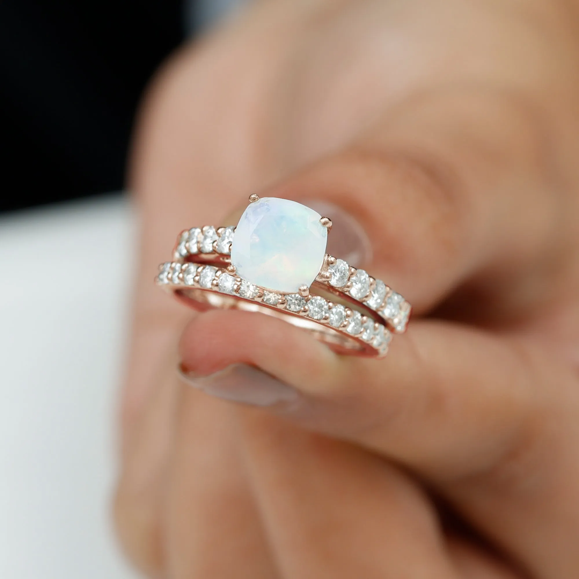 Real Ethiopian Opal and Moissanite Wedding Ring Set