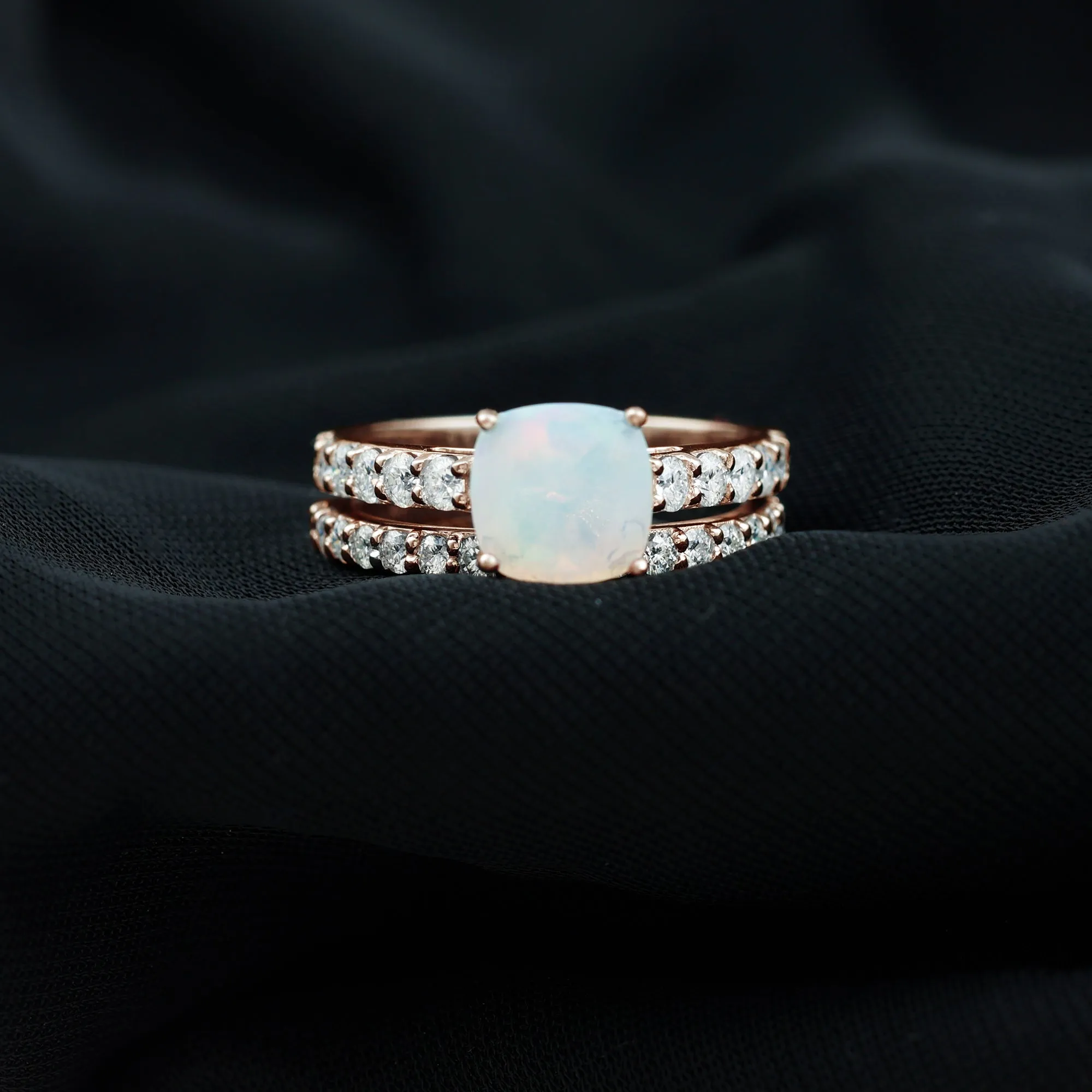 Real Ethiopian Opal and Moissanite Wedding Ring Set