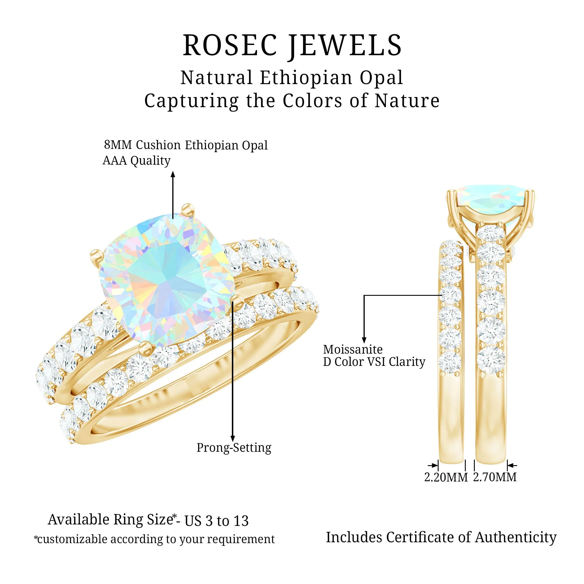 Real Ethiopian Opal and Moissanite Wedding Ring Set