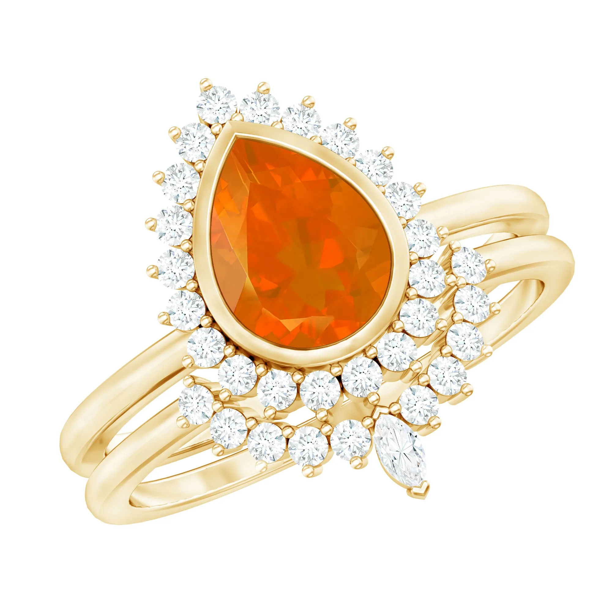 Real Fire Opal Teardrop Wedding Ring Set with Diamond Halo