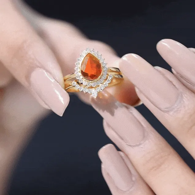 Real Fire Opal Teardrop Wedding Ring Set with Diamond Halo