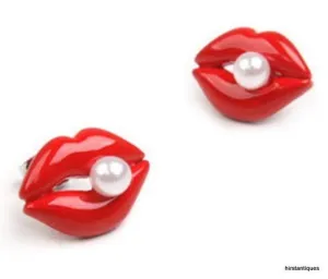 Red Lips Earrings Enamel with Pearl