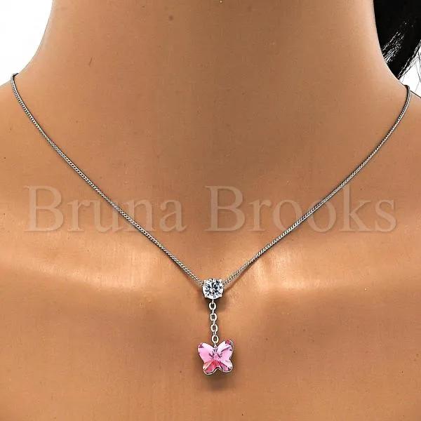 Rhodium Plated Fancy Necklace, Butterfly Design, with Swarovski Crystals and Cubic Zirconia, Rhodium Tone