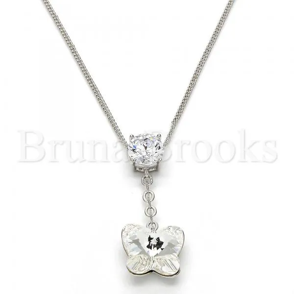 Rhodium Plated Fancy Necklace, Butterfly Design, with Swarovski Crystals and Cubic Zirconia, Rhodium Tone