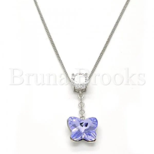 Rhodium Plated Fancy Necklace, Butterfly Design, with Swarovski Crystals and Cubic Zirconia, Rhodium Tone