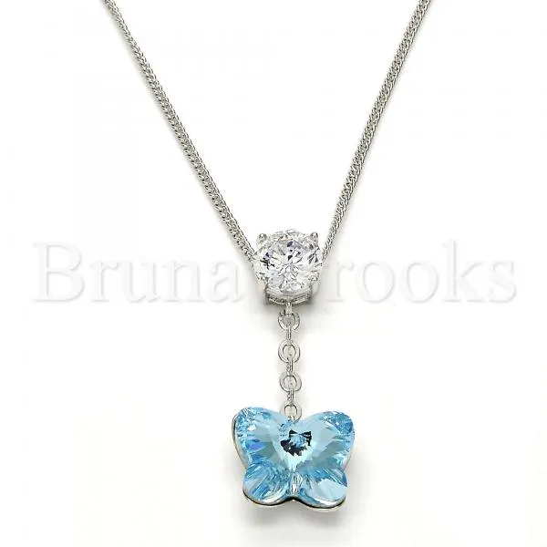 Rhodium Plated Fancy Necklace, Butterfly Design, with Swarovski Crystals and Cubic Zirconia, Rhodium Tone