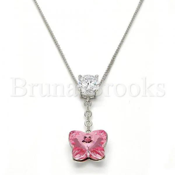 Rhodium Plated Fancy Necklace, Butterfly Design, with Swarovski Crystals and Cubic Zirconia, Rhodium Tone
