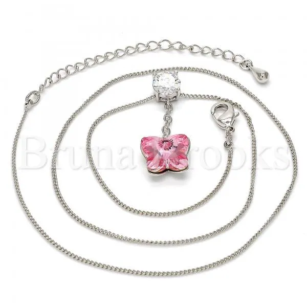 Rhodium Plated Fancy Necklace, Butterfly Design, with Swarovski Crystals and Cubic Zirconia, Rhodium Tone