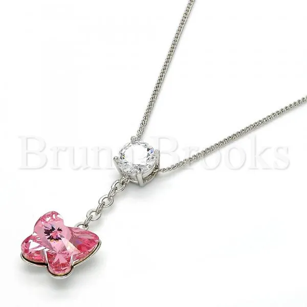 Rhodium Plated Fancy Necklace, Butterfly Design, with Swarovski Crystals and Cubic Zirconia, Rhodium Tone