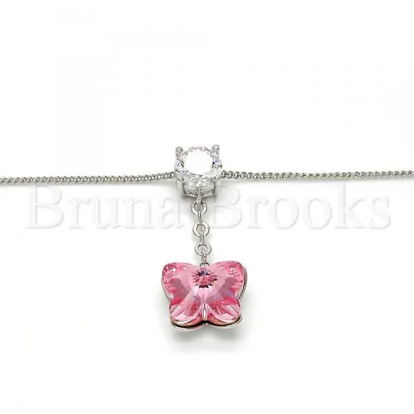 Rhodium Plated Fancy Necklace, Butterfly Design, with Swarovski Crystals and Cubic Zirconia, Rhodium Tone