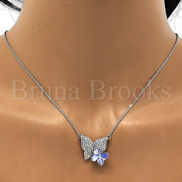 Rhodium Plated Fancy Necklace, Butterfly Design, with Swarovski Crystals, Rhodium Tone