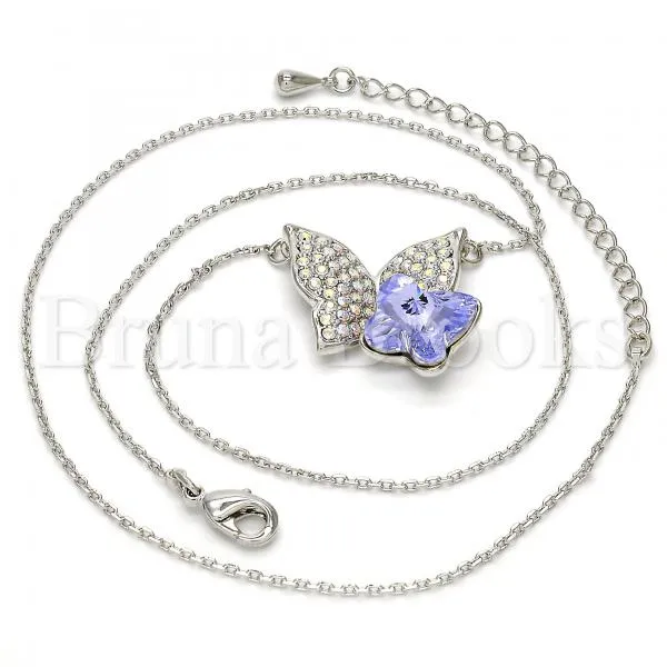 Rhodium Plated Fancy Necklace, Butterfly Design, with Swarovski Crystals, Rhodium Tone