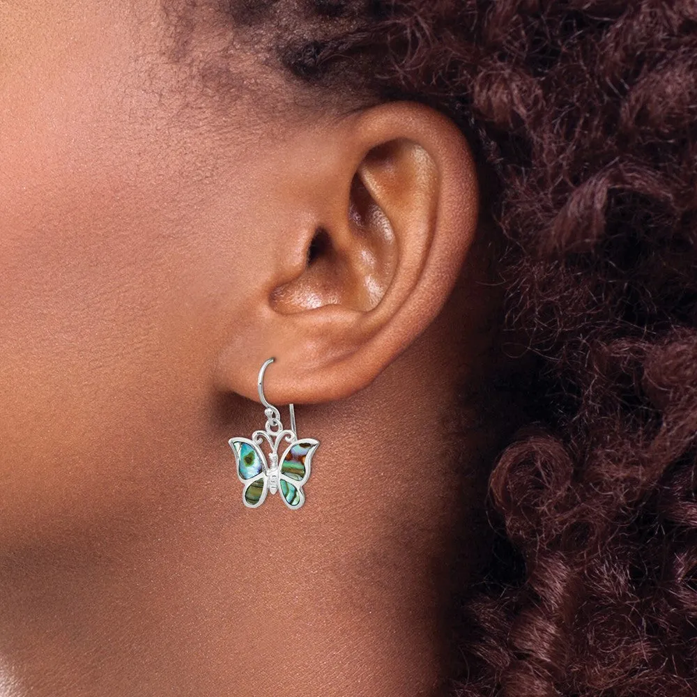 Rhodium-plated Sterling Silver Abalone Butterfly Dangle Earrings