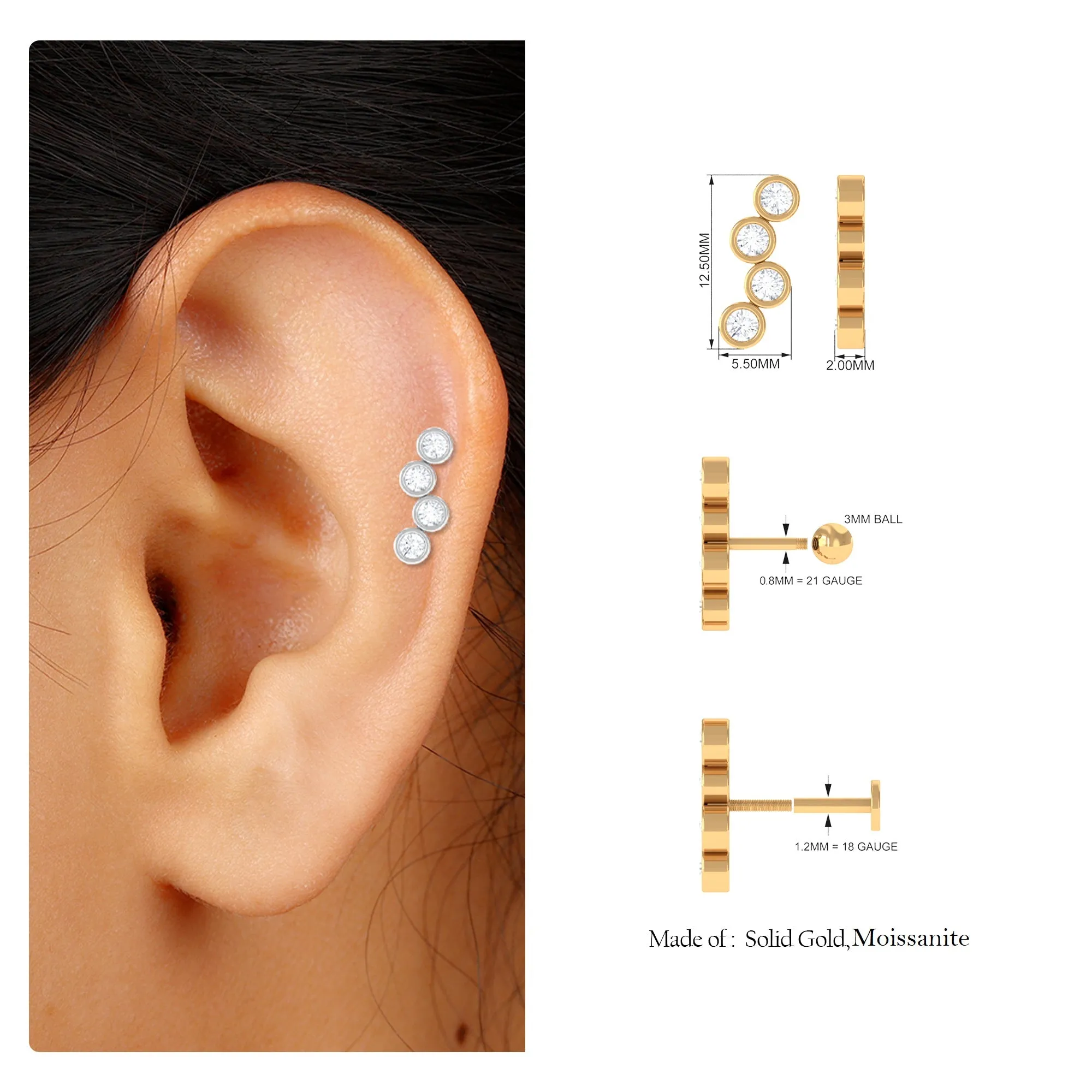 Round Moissanite Crawler Earring for Cartilage Piercing