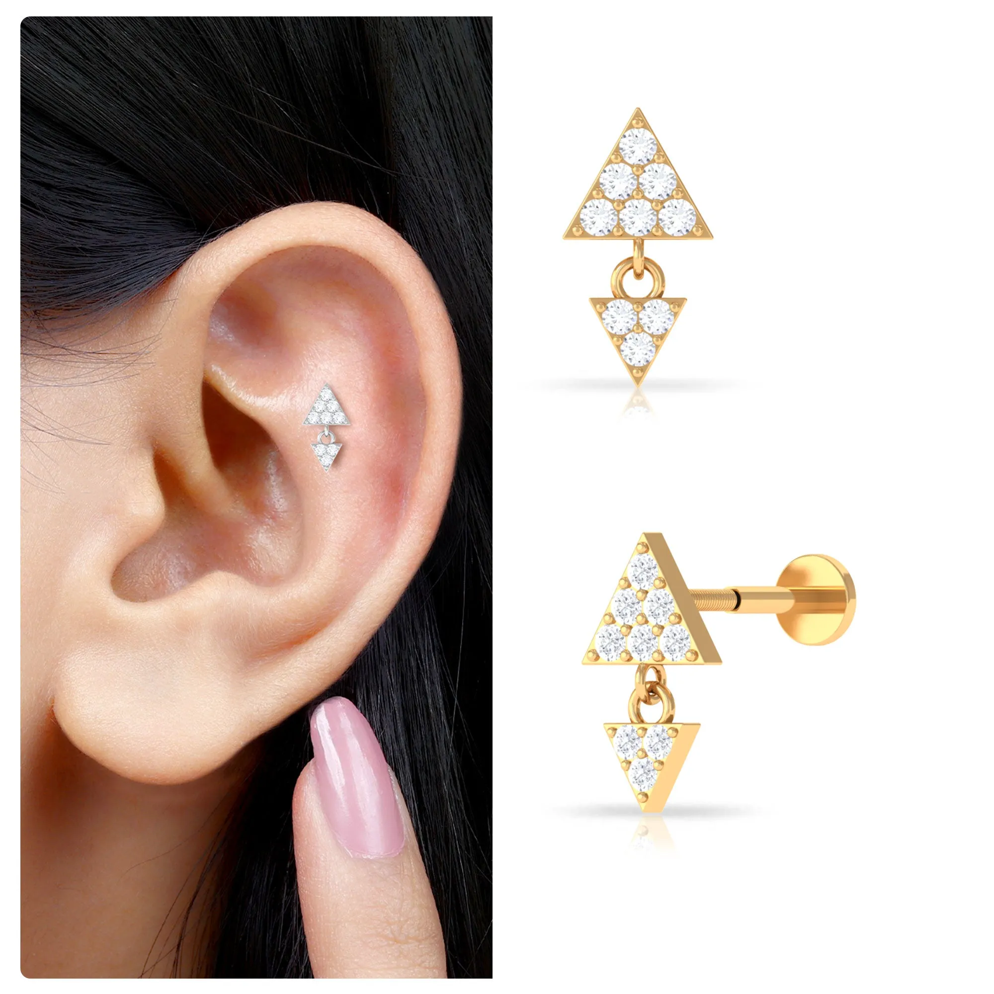 Round Moissanite Triangle Helix Drop Earring in Pave Setting